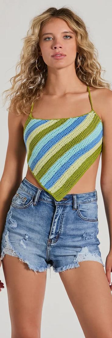The Knit The Beach Striped Strappy Crochet Crop Top in multi-color with a modern design and trendy look is part of the latest women's tops collection to elevate your 2025 wardrobe.