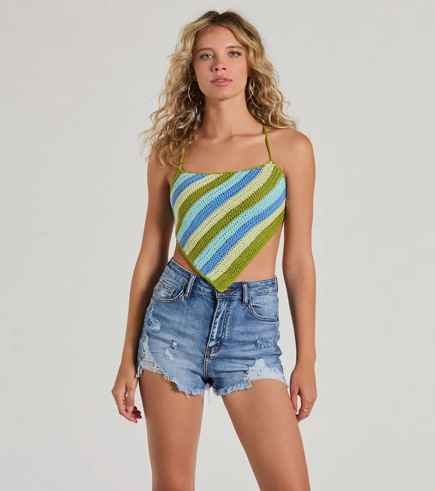 The Knit The Beach Striped Strappy Crochet Crop Top in multi-color with a modern design and trendy look is part of the latest women's tops collection to elevate your 2025 wardrobe.