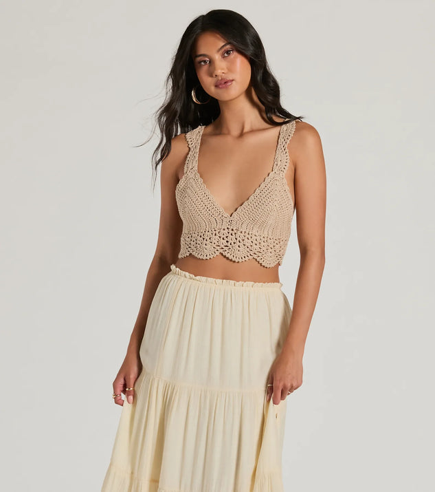 The Sunset Serenity V-Neck Crochet Crop Top in natural with a modern design and trendy look is part of the latest women's tops collection to elevate your 2025 wardrobe.