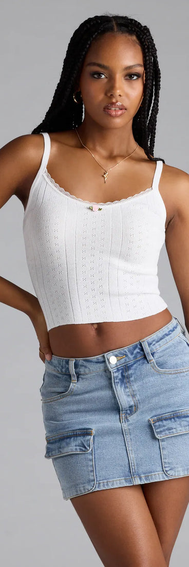 Add a seasonal refresh to your look with the Cutesy Casual Rosette Lace Knit Cami Top, a trendy top in ivory made for easy styling for any vibe.