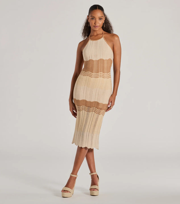 Make a statement in the Stylish Striped Halter Crochet Midi Dress, a natural bodycon dresses that blends unique design details with a tight silhouette for a head-turning holiday or New Year's eve dress.