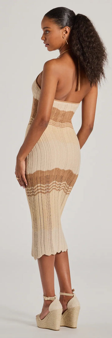 Make a statement in the Stylish Striped Halter Crochet Midi Dress, a natural bodycon dresses that blends unique design details with a tight silhouette for a head-turning holiday or New Year's eve dress.