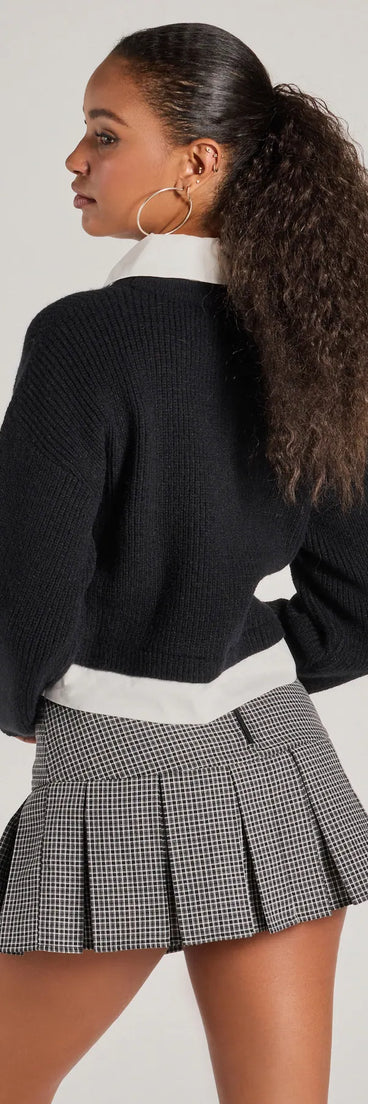 Layer-friendly Preppy Aesthetic Collared Crew Neck Sweater is a chic, transitional black long-sleeve top with contemporary sleeves and neckline design, ideal for an elevated cozy style or casual elegance.