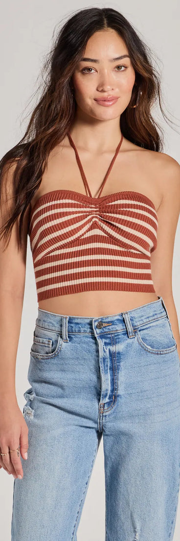 The Trendy In Stripes Halter Rib Knit Crop Top in multi-color with a modern design and trendy look is part of the latest women's tops collection to elevate your 2025 wardrobe.