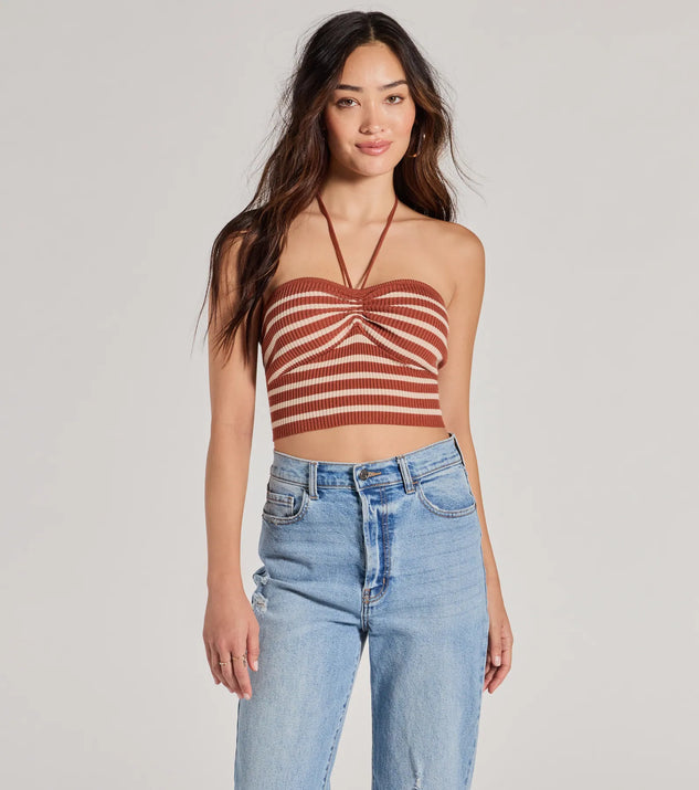 Trendy In Stripes Halter Rib Knit Crop Top | Windsor