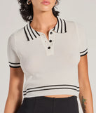 The Cute Status Striped Polo Crop Top is a cozy ivory sweater top crafted from textured knits, perfect for layering in winter outfits or adding warmth to a casual day look.