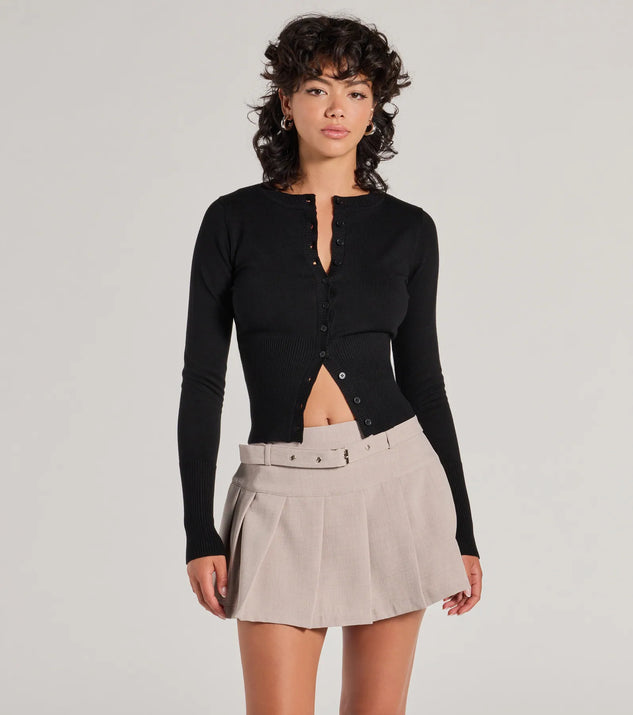The Chic Staple Crew Neck Cropped Knit Cardigan in black with a modern design and trendy look is part of the latest women's tops collection to elevate your 2025 wardrobe.