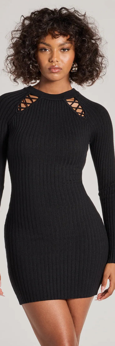 Setting The Trend Long Sleeve Cutout Mini Dress, a trendy black mini dress featuring modern details and a fresh seasonal hue, perfect for creating chic 2025 looks.