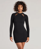 Setting The Trend Long Sleeve Cutout Mini Dress, a trendy black mini dress featuring modern details and a fresh seasonal hue, perfect for creating chic 2025 looks.