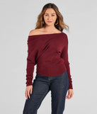 The Cute And Cozy Off-Shoulder Knit Sweater in burgundy with a modern design and trendy look is part of the latest women's tops collection to elevate your 2025 wardrobe.