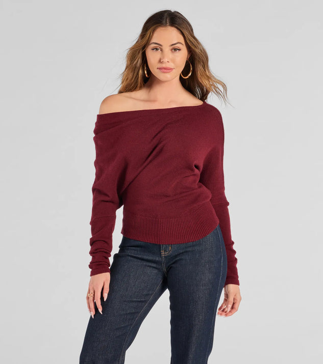 The Cute And Cozy Off-Shoulder Knit Sweater in burgundy with a modern design and trendy look is part of the latest women's tops collection to elevate your 2025 wardrobe.