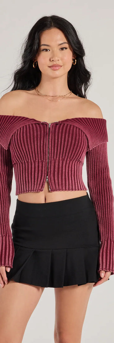 The Trendsetting Style Off-The-Shoulder Cropped Knit Top in wine with a modern design and trendy look is part of the latest women's tops collection to elevate your 2025 wardrobe.