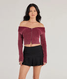 The Trendsetting Style Off-The-Shoulder Cropped Knit Top in wine with a modern design and trendy look is part of the latest women's tops collection to elevate your 2025 wardrobe.