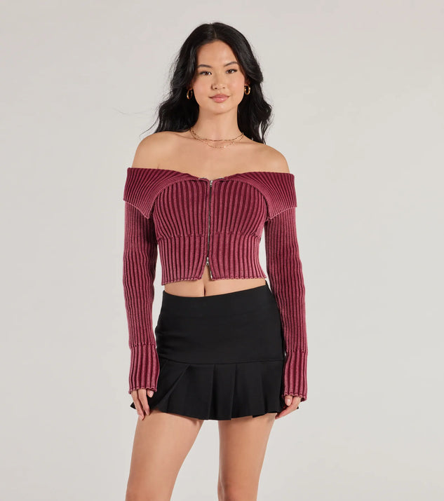 The Trendsetting Style Off-The-Shoulder Cropped Knit Top in wine with a modern design and trendy look is part of the latest women's tops collection to elevate your 2025 wardrobe.