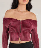 Make a statement this winter with the Trendsetting Style Off-The-Shoulder Cropped Knit Top, a wine long-sleeve top featuring a trendy shoulder design that adds a bold, festive touch to any club or party look.