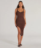 The Trendy Staple Striped Ribbed Knit Midi Dress offers a versatile winter style, with a cozy sweater knit perfect for office wear, casual day outings, or layered winter outfits.