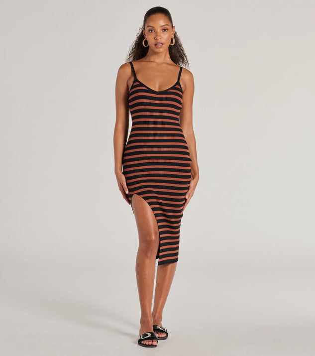 The Trendy Staple Striped Ribbed Knit Midi Dress offers a versatile winter style, with a cozy sweater knit perfect for office wear, casual day outings, or layered winter outfits.