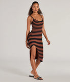 Stay stylish and warm in the Trendy Staple Striped Ribbed Knit Midi Dress, a textured knit sweater dress that's ideal for a winter date-night outfit or a chic brunch look.