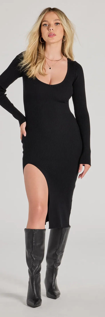 Sleek Essential Ribbed Knit High Slit Midi Dress | Windsor Sleek Essential Ribbed Knit High Slit Midi Dress | Windsor