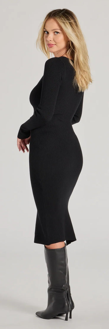 The Sleek Essential Ribbed Knit High Slit Midi Dress is a black long sleeve dress with a sleek design that brings both coverage and standout style.
