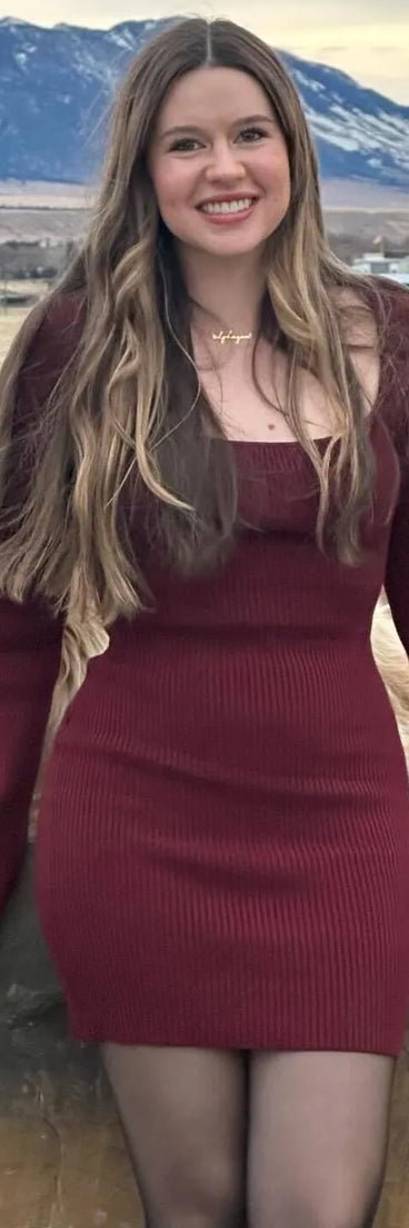 Seasonal Staple Ribbed Knit Bell Sleeve Mini Dress, a trendy plum mini dress featuring modern details and a fresh seasonal hue, perfect for creating chic 2025 looks.