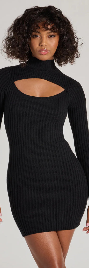 The Chic Season Mock Neck Cutout Ribbed Knit Mini Dress offers a versatile spring style, with a cozy sweater knit perfect for office wear, casual day outings, or layered outfits.