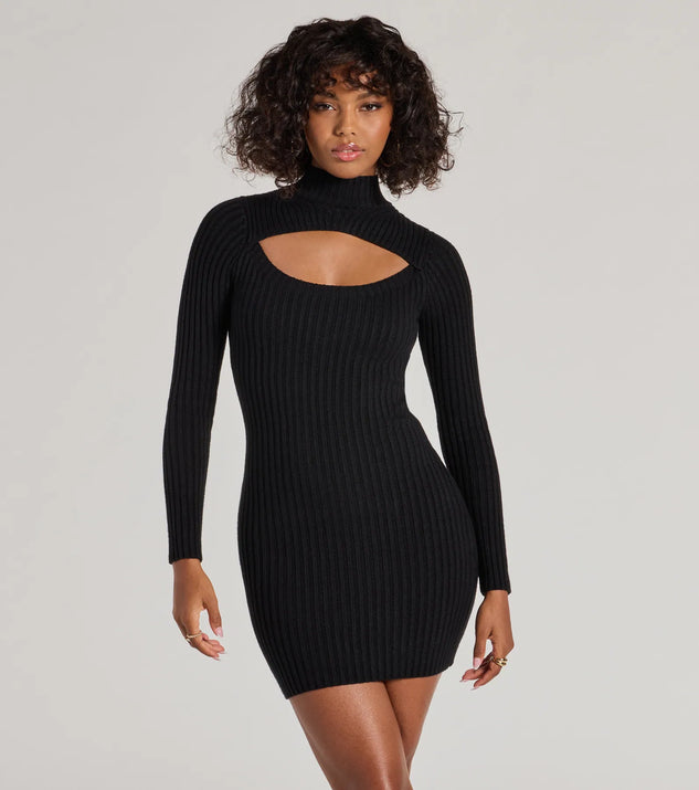 The Chic Season Mock Neck Cutout Ribbed Knit Mini Dress offers a versatile spring style, with a cozy sweater knit perfect for office wear, casual day outings, or layered outfits.