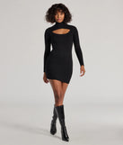 Make a bold statement in the Chic Season Mock Neck Cutout Ribbed Knit Mini Dress in black, the perfect spring dress for weddings, cocktail hours, nights out, and/or seasonal celebrations.
