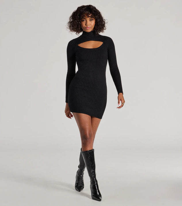 Chic Season Mock Neck Cutout Ribbed Knit Mini Dress | Windsor