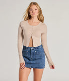 The Cozy Charm Cropped Knit Cardigan in taupe with a modern design and trendy look is part of the latest women's tops collection to elevate your 2025 wardrobe.