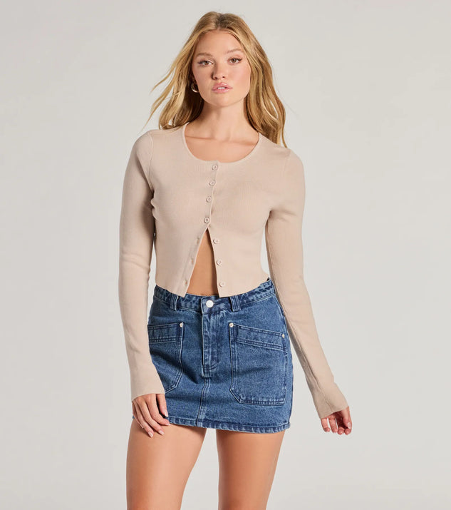 The Cozy Charm Cropped Knit Cardigan in taupe with a modern design and trendy look is part of the latest women's tops collection to elevate your 2025 wardrobe.