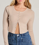 Layer-friendly Cozy Charm Cropped Knit Cardigan is a chic, transitional taupe long-sleeve top with contemporary sleeves and neckline design, ideal for an elevated seasonal style or casual elegance.