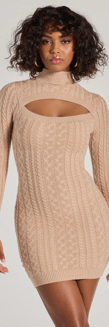 The Textured Glam Cable Knit Cutout Mini Dress in taupe is an elevated pick for your best outfit yet, effortlessly delivering a polished look that's sure to turn heads at any celebration.