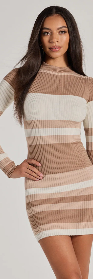 The Modern Stripes Ribbed Knit Long Sleeve Mini Dress offers a versatile winter style, with a cozy sweater knit perfect for office wear, casual day outings, or layered winter outfits.
