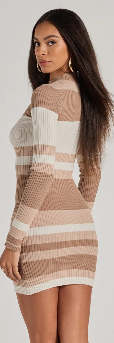 Revamp your 2025 wardrobe with this chic addition, the Modern Stripes Ribbed Knit Long Sleeve Mini Dress in taupe, perfect for elevating your style in the new year.