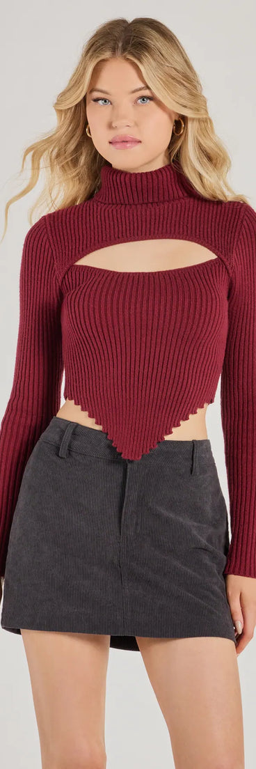 The Chic Muse Ribbed Knit Cutout Crop Top in burgundy with a modern design and trendy look is part of the latest women's tops collection to elevate your 2025 wardrobe.