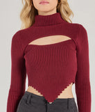 Stand out in 2025 in the Chic Muse Ribbed Knit Cutout Crop Top, a women's burgundy long-sleeve top crafted from an elevated fabric with a modern neckline perfect for party outfits, bridal shower attire, or elevated casual outfits.