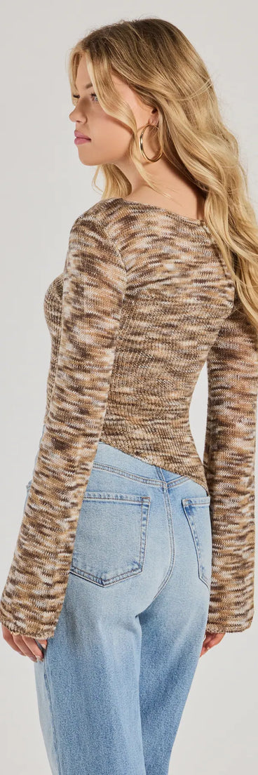 The Trendy Impression Asymmetrical Bell Sleeve Knit Top is a women's multi-color long-sleeve top with an elevated style and unique design accents, perfect for layering or transitioning into colder months.