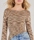 The Trendy Impression Asymmetrical Bell Sleeve Knit Top is a women's multi-color long-sleeve top with an elevated style and unique design accents, perfect for layering or transitioning into colder months.