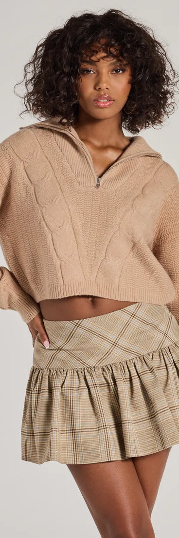 The Elevated Cozy Half-Zip Cable Knit Sweater in taupe with a modern design and trendy look is part of the latest women's tops collection to elevate your 2025 wardrobe.
