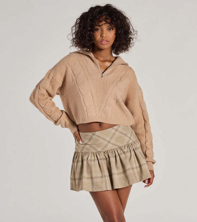 The Elevated Cozy Half-Zip Cable Knit Sweater in taupe with a modern design and trendy look is part of the latest women's tops collection to elevate your 2025 wardrobe.
