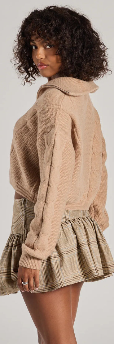 Layer-friendly Elevated Cozy Half-Zip Cable Knit Sweater is a chic, transitional taupe long-sleeve top with contemporary sleeves and neckline design, ideal for an elevated cozy style or casual elegance.