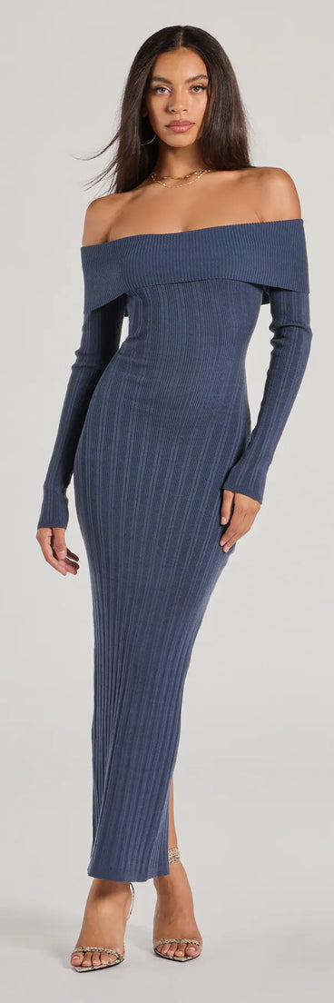 Revamp your 2025 wardrobe with this chic addition, the Chic Choice Knit Off-The-Shoulder Maxi Dress in blue, perfect for elevating your style in the new year.