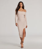 The Cozy Luxe Cable Knit Off-The-Shoulder Midi Dress offers a versatile winter style, with a cozy sweater knit perfect for office wear, casual day outings, or layered winter outfits.