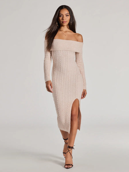 Cozy Luxe Cable Knit Off-The-Shoulder Midi Dress in oatmeal