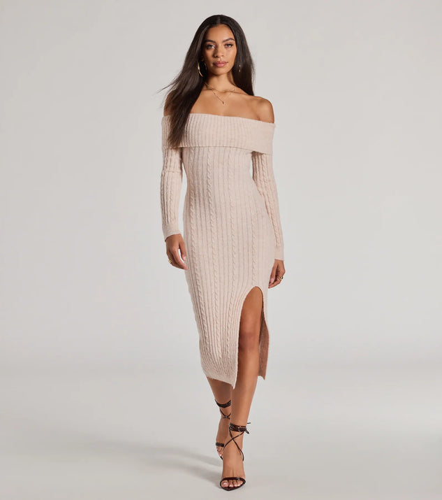 The Cozy Luxe Cable Knit Off-The-Shoulder Midi Dress offers a versatile winter style, with a cozy sweater knit perfect for office wear, casual day outings, or layered winter outfits.