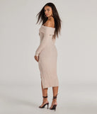 Revamp your 2025 wardrobe with this chic addition, the Cozy Luxe Cable Knit Off-The-Shoulder Midi Dress in oatmeal brown, perfect for elevating your style in the new year.