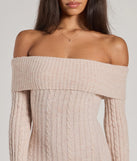 Stay stylish and warm in the Cozy Luxe Cable Knit Off-The-Shoulder Midi Dress, a textured knit sweater dress that's ideal for a winter date-night outfit or a chic brunch look.