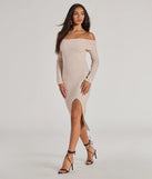 Revamp your 2025 wardrobe with this chic addition, the Cozy Luxe Cable Knit Off-The-Shoulder Midi Dress in oatmeal brown, perfect for elevating your style in the new year.