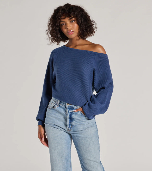 The Cozy Cutie Ribbed Knit Boat Neck Sweater in blue with a modern design and trendy look is part of the latest women's tops collection to elevate your 2025 wardrobe.